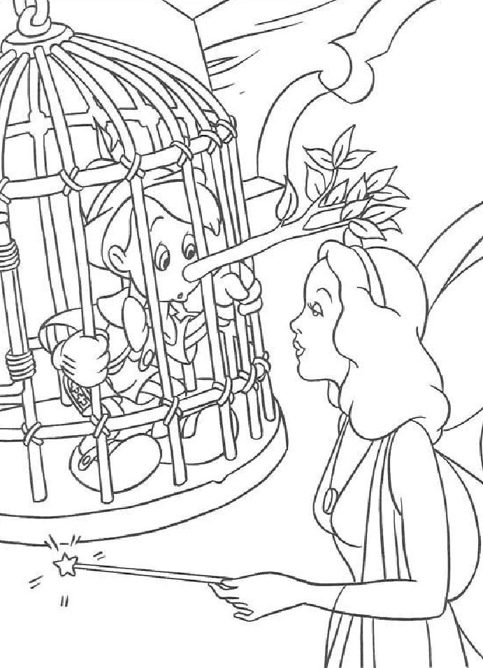 coloriage Pinocchio ment a la fee et son nez grandit